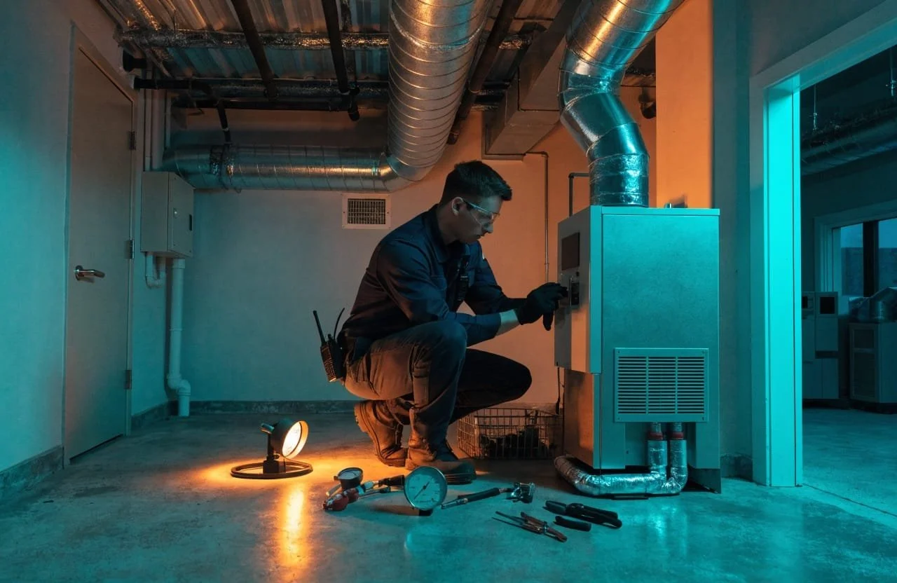 A technician wearing safety glasses and gloves is kneeling next to a furnace, working on its control panel in a basement or utility room with exposed ductwork and pipes, with tools and equipment laid out on the floor.