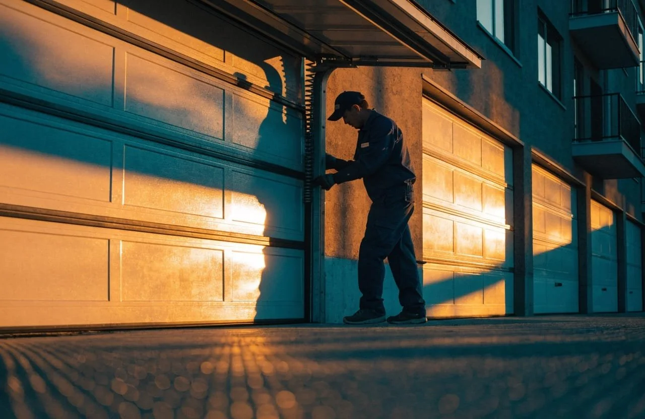 A man working on a garage door at sunset, wearing a dark uniform and cap, using tools near the garage's mechanical parts.