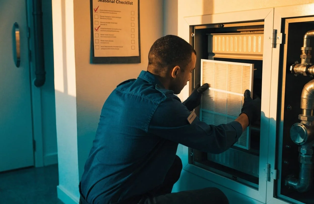 A technician inspecting an air conditioning filter in a service room, with a seasonal checklist on the wall.