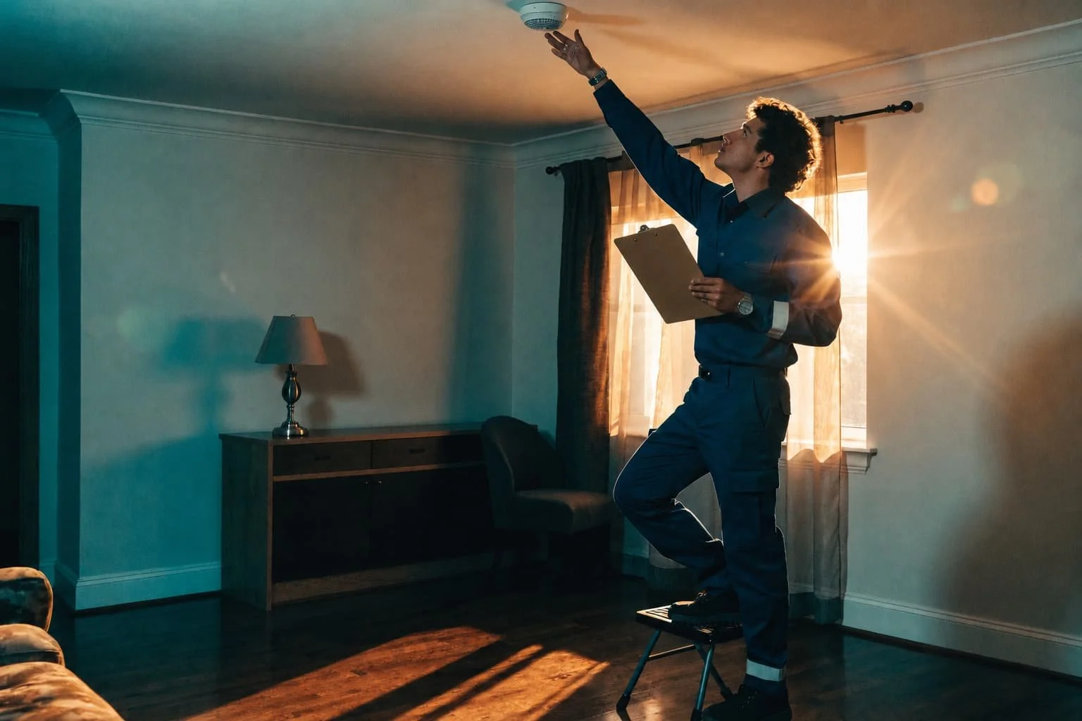 A young man in a blue shirt and pants standing on a chair, reaching up to a smoke detector on the ceiling in a living room with sunlight coming through the window.