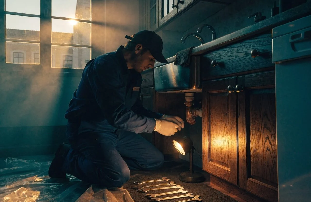A plumber working under a kitchen sink in a dimly lit room with sunlight streaming through the window.