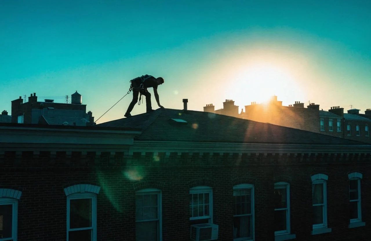 A person climbing on rooftops during sunrise or sunset, with the city skyline in the background.