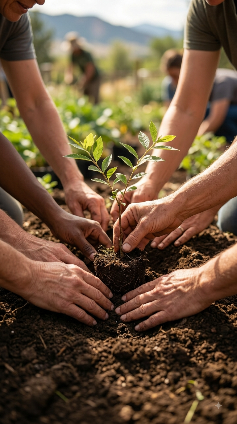 Multiple people planting a young tree in the soil outdoors on a sunny day.