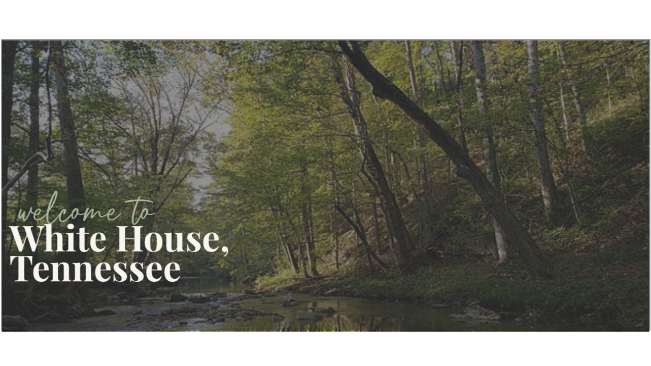 A photo of a wooded area with a stream, trees with green leaves, and sunlight filtering through the foliage, overlaid with the text "welcome to White House, Tennessee."