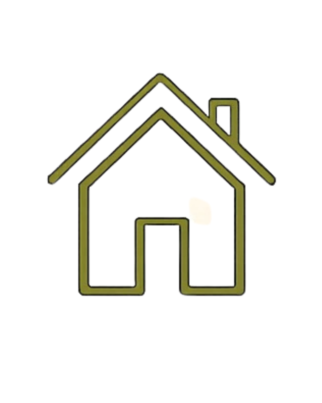 Outline drawing of a house with a chimney and front door, black lines with a greenish-brown color.