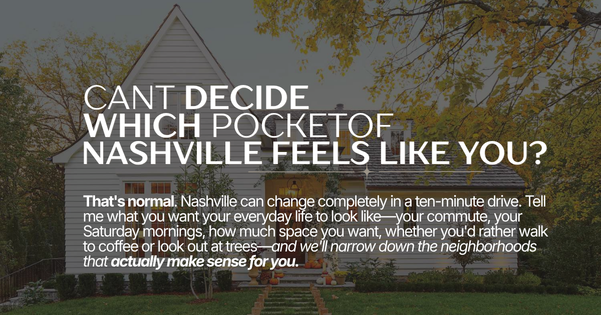 A white house with a front porch surrounded by green trees and grass in autumn.- which pocket of Nashville feels like you