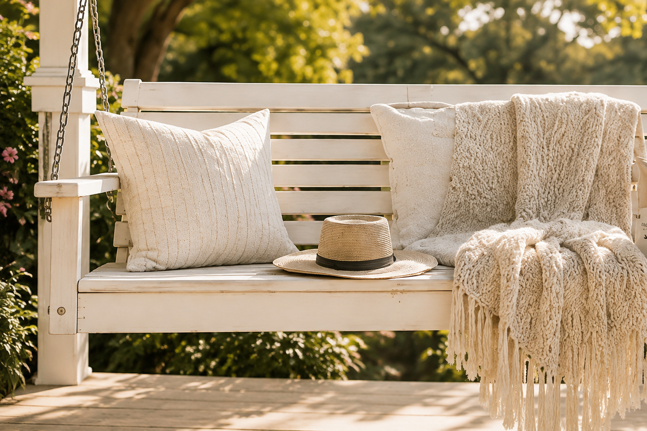 A white porch swing with cream-colored pillows and a beige blanket, sunlight streaming through trees, with a straw hat resting on the swing.