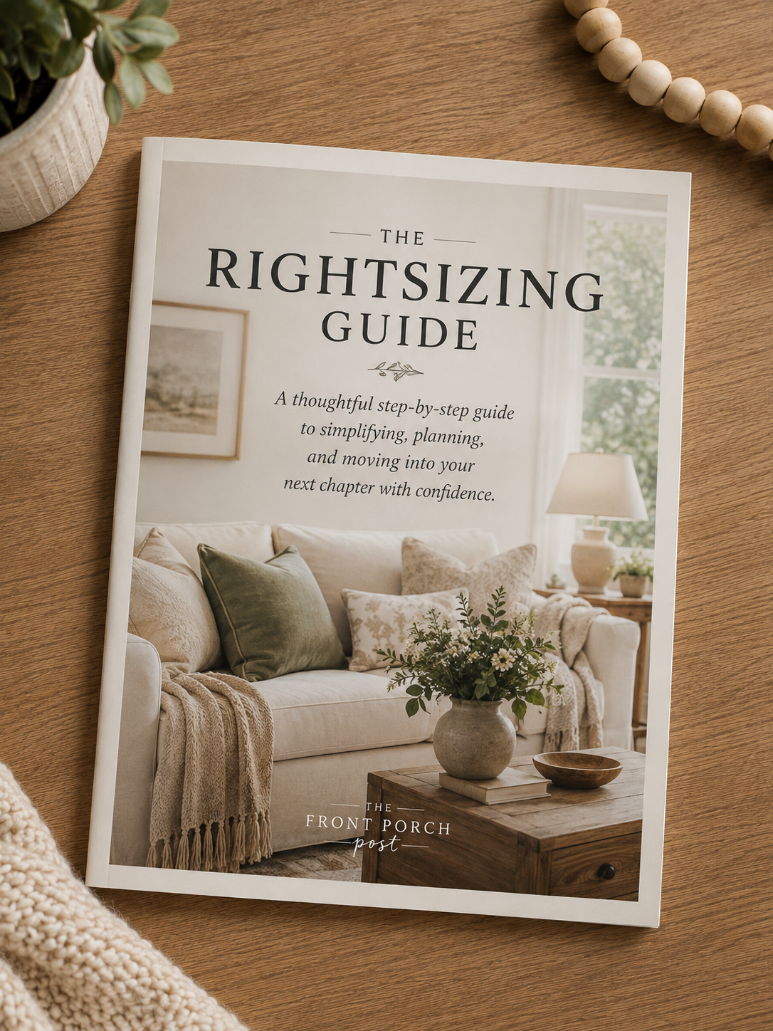 Close-up of a book titled 'The Rightsizing Guide' on a wooden surface, with a potted plant in the top left corner, wooden bead garland in the top right corner, and beige knitted fabric visible in the bottom left corner.