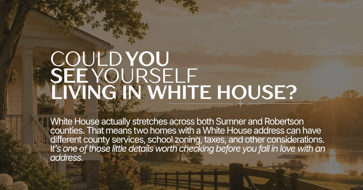 A website about White House addresses, showing a sunset view of a house with a porch near a lake, surrounded by trees and fencing.