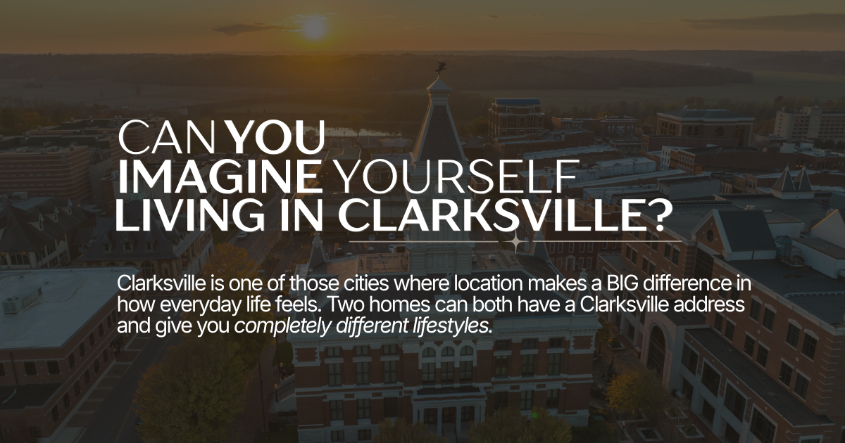 Aerial view of Clarksville cityscape at sunset with historic courthouse, modern buildings, and river in the background.