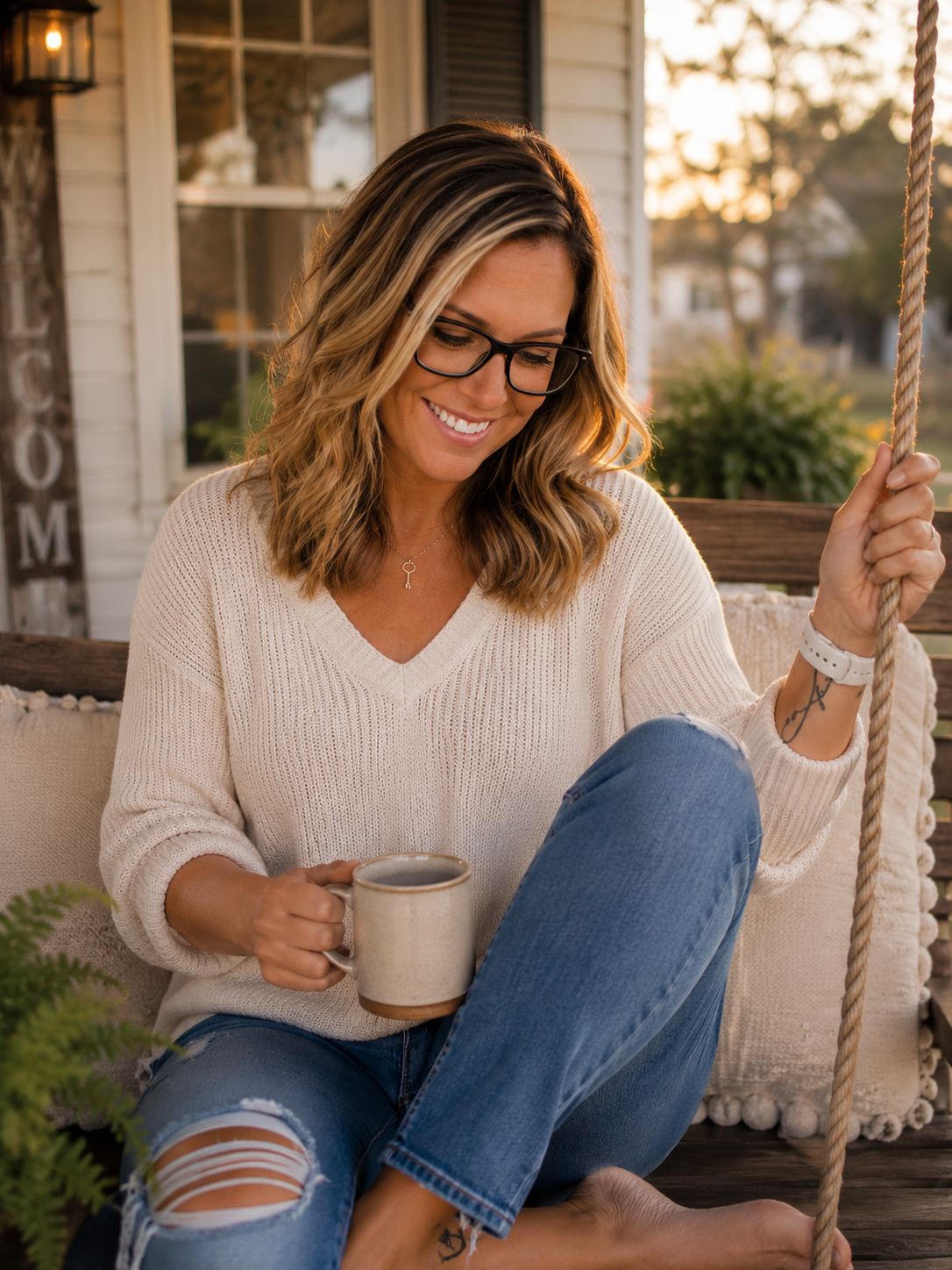 A woman with wavy brown hair and glasses, wearing a cream sweater, sitting on a porch swing holding a mug, smiling at sunset.