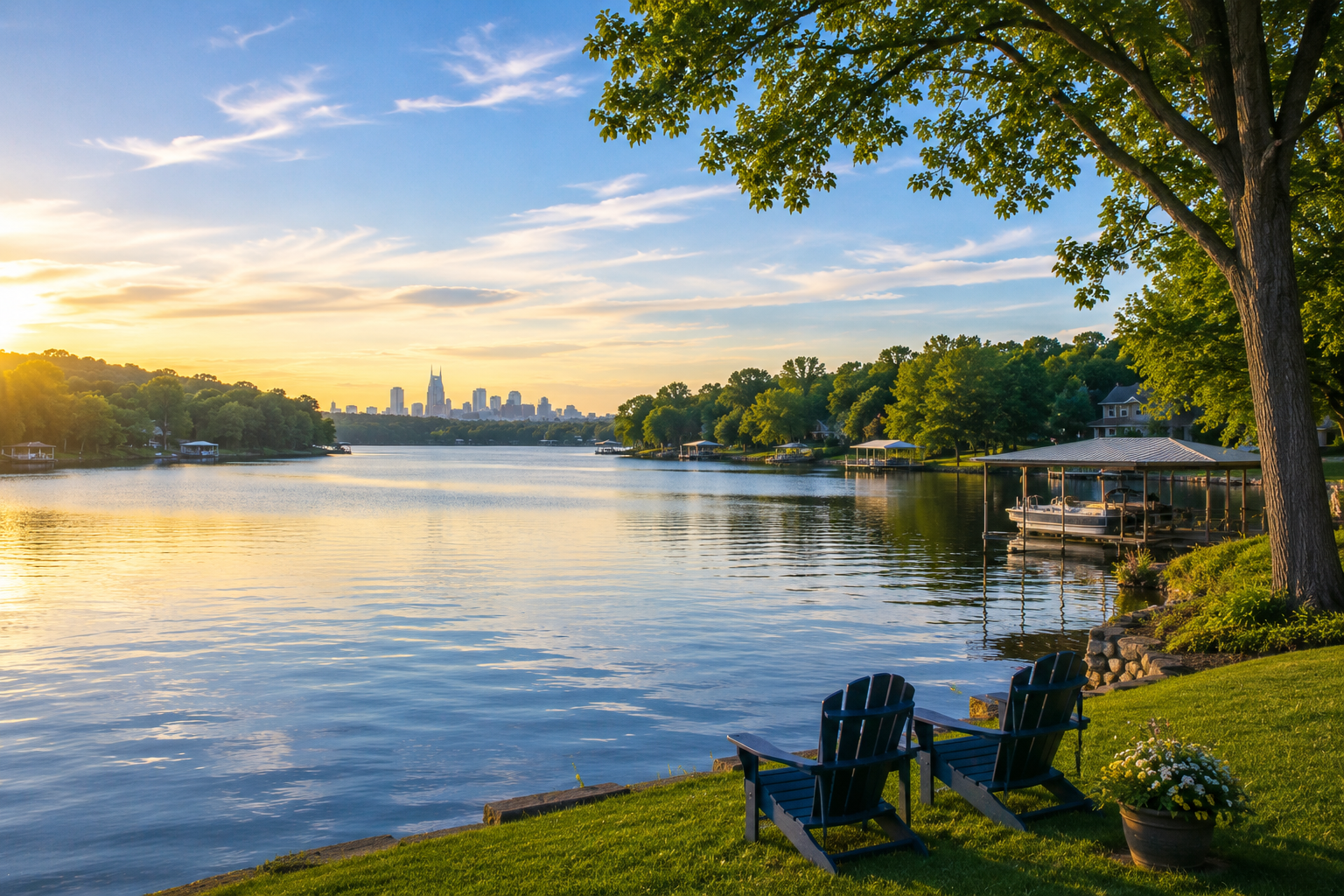 Chairs overlooking the lake and Nashville skyline.