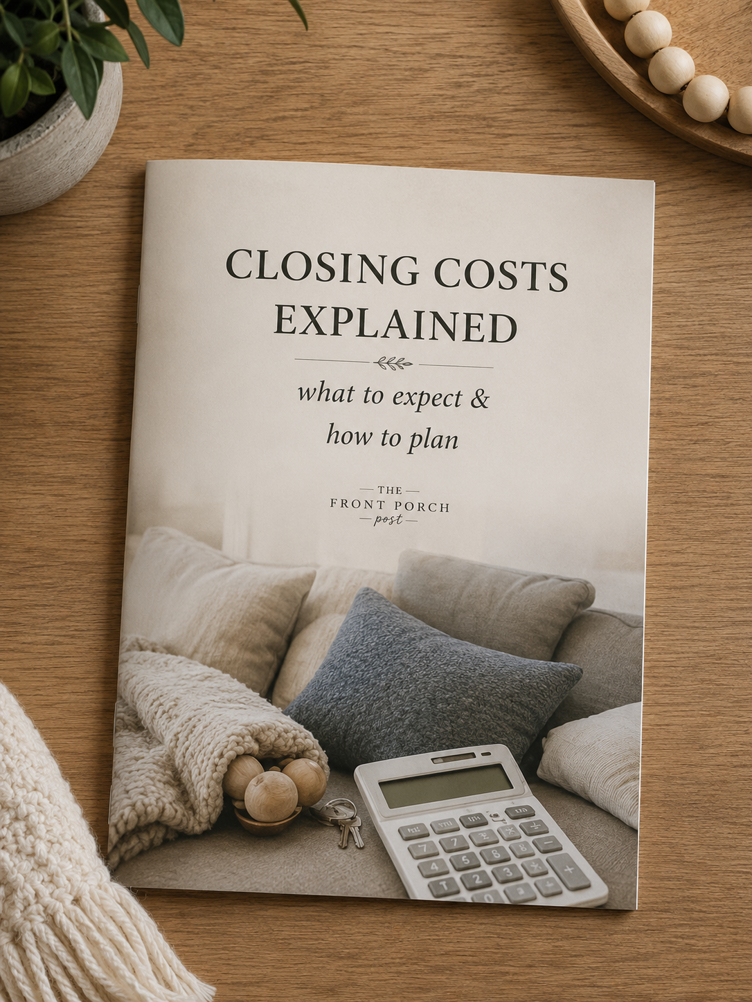 A booklet titled 'Closing Costs Explained' on a wooden surface, with a potted plant, a wooden tray with beads, and a blanket nearby.
