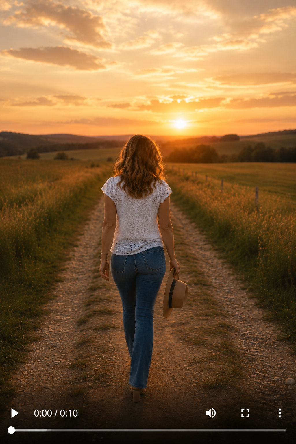 A woman with brown hair in a white blouse and blue jeans walking on a dirt road during sunset, holding a hat in her right hand, surrounded by green fields and a sky with orange clouds.