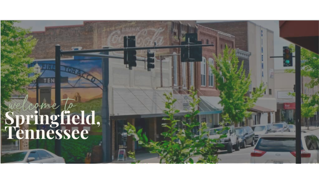 Street view of downtown Springfield, Tennessee, with buildings, parked cars, trees, and a traffic light.