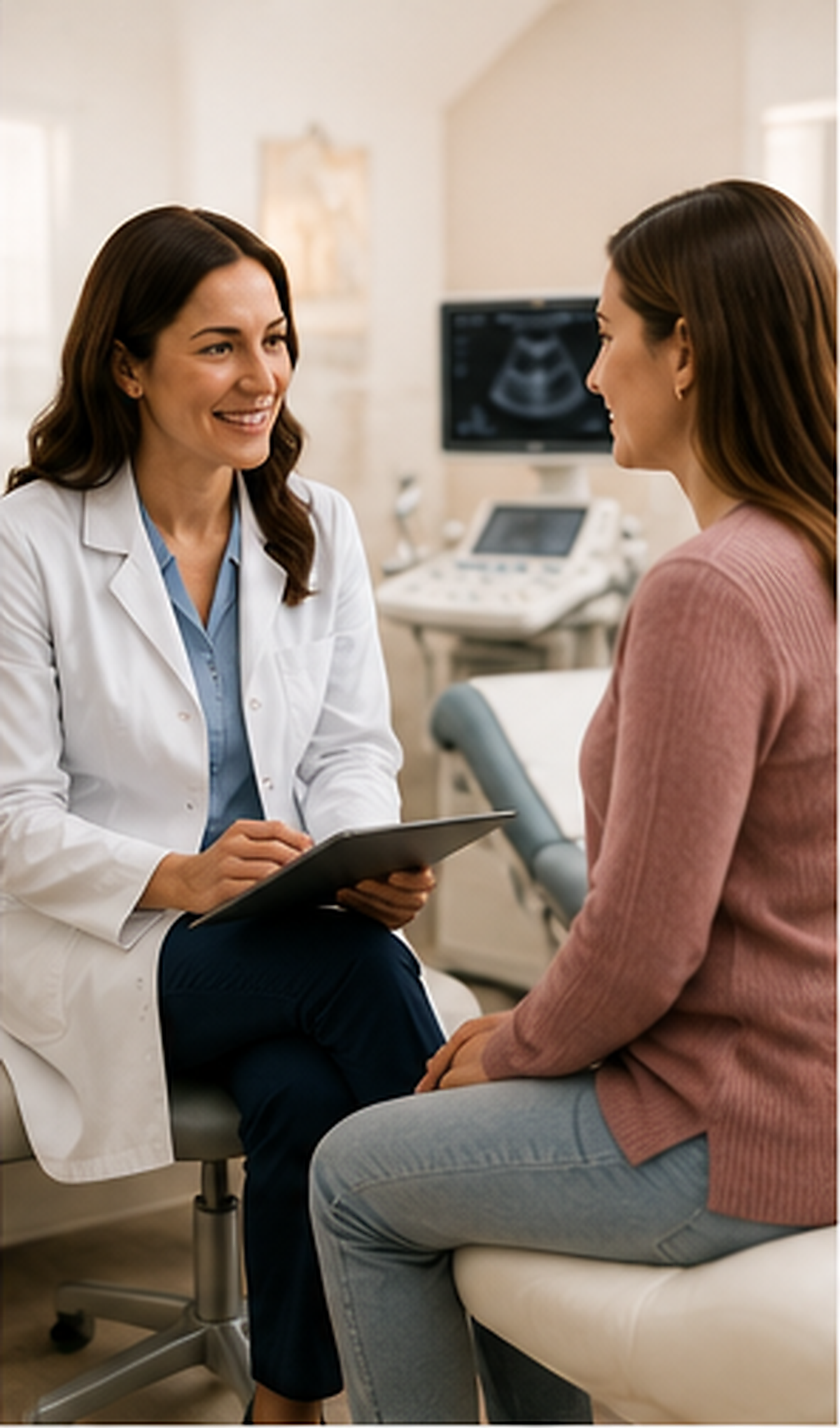 A female doctor or medical professional talking to a patient in a medical office, with an ultrasound machine in the background.