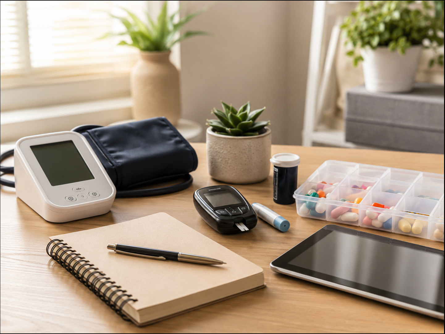 Medical supplies and office items on a wooden desk, including a blood pressure monitor, a glucometer, pill bottles, pills in a compartmentalized container, a tablet, notebook with a pen, and potted plants in the background.