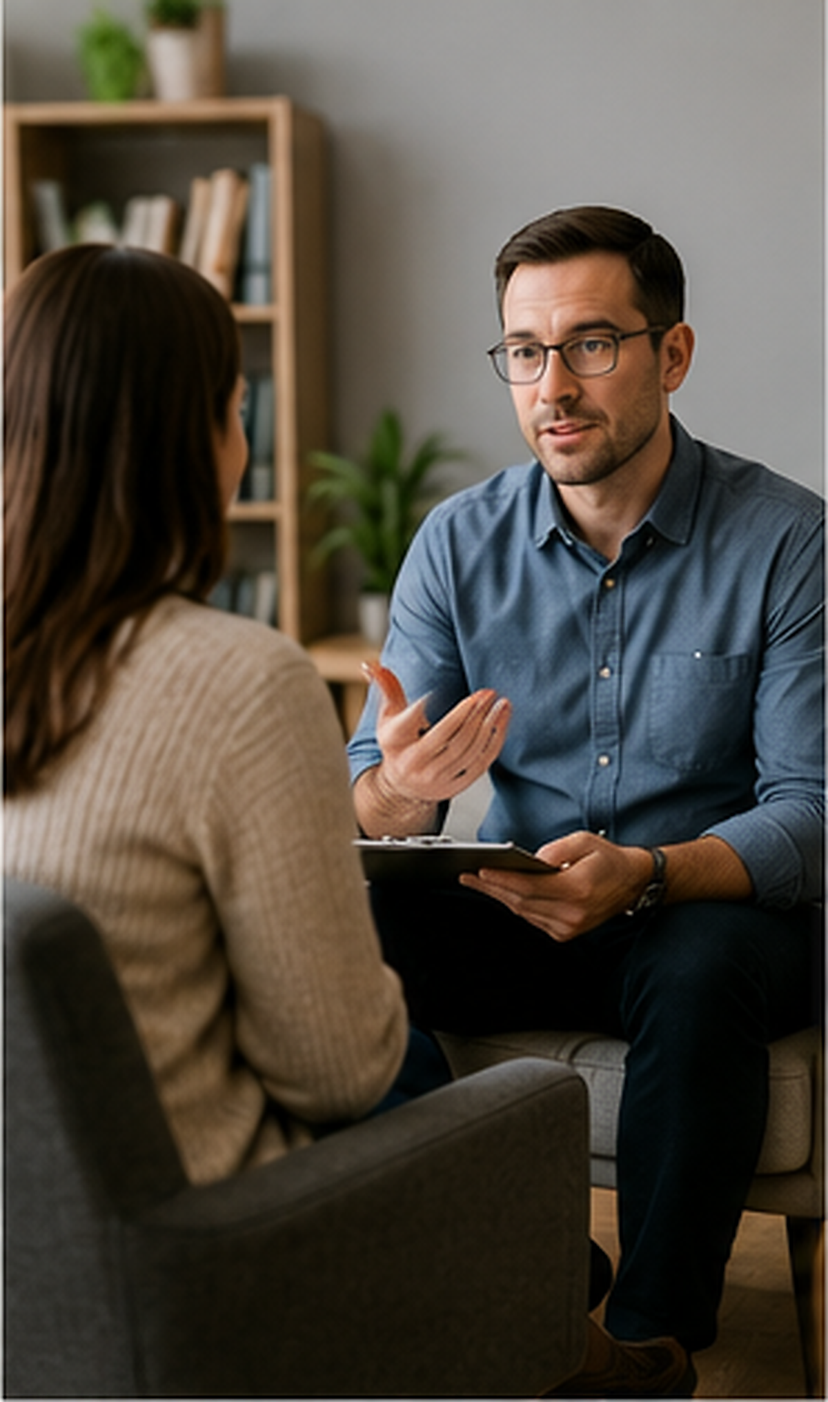 A man with glasses and a woman with long brown hair having a conversation in an office setting. The man is holding a clipboard and gesturing with his right hand.