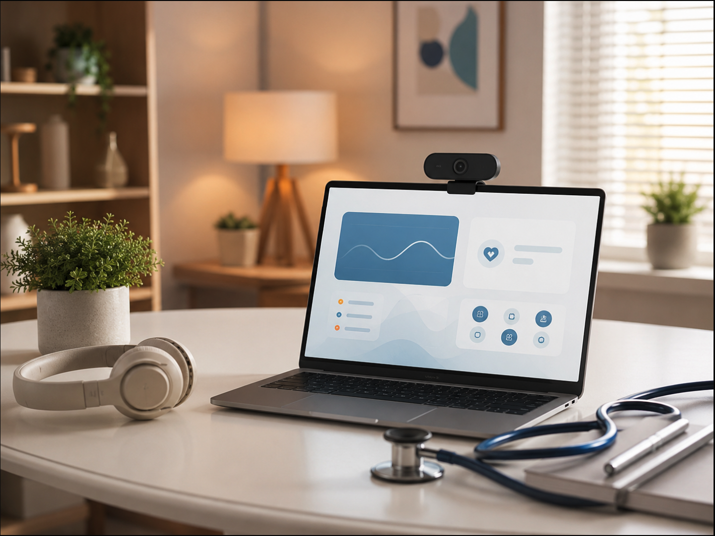 Laptop with telehealth app, stethoscope, medical notebook, headset, and plant on a white table in a medical office.