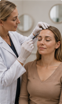 A woman receiving a cosmetic treatment on her forehead from a healthcare professional in a clinical setting.