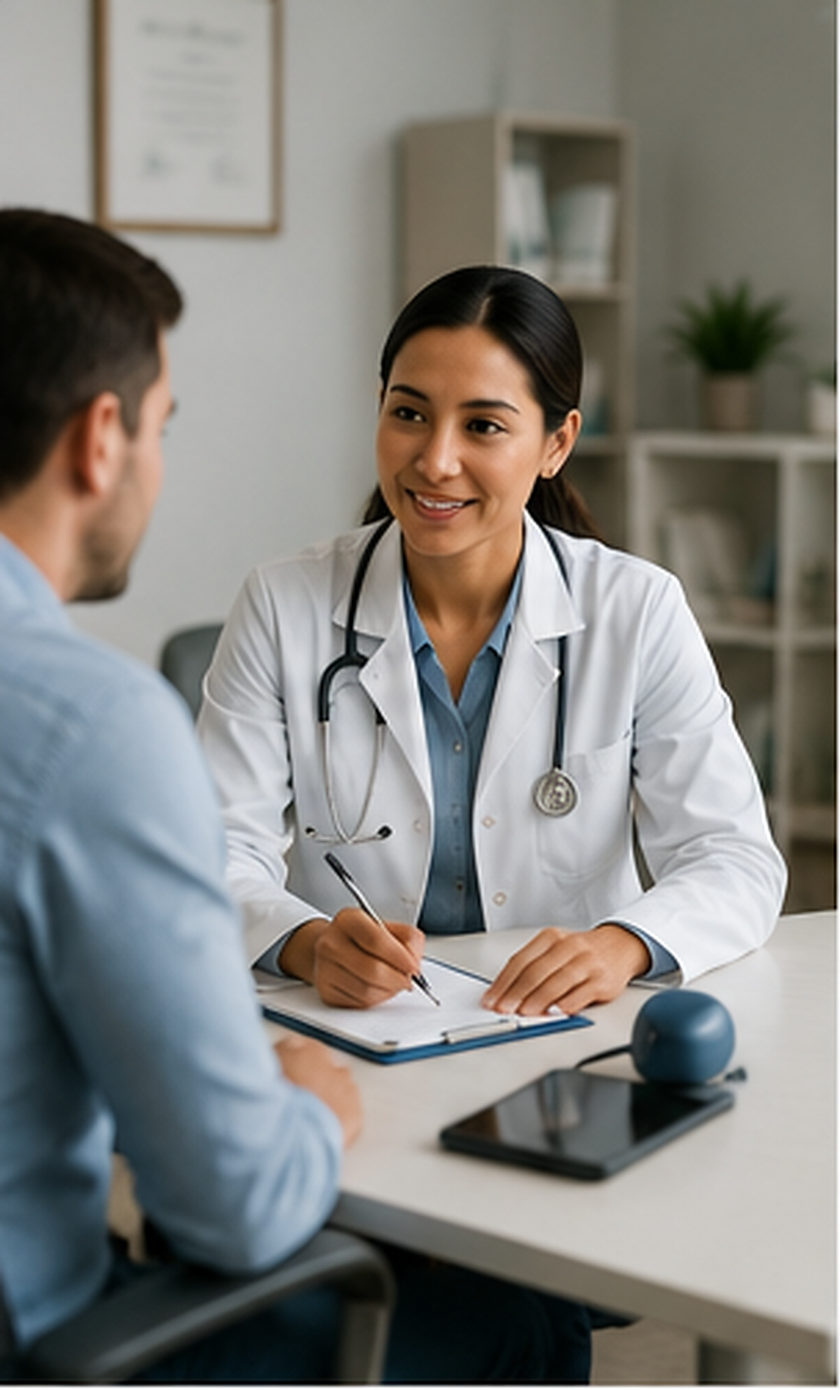 A female doctor with dark hair and a stethoscope around her neck talking to a male patient with brown hair in a medical office. She is smiling, holding a pen, and has a clipboard in front of her. The office has shelves with books and a potted plant in the background.