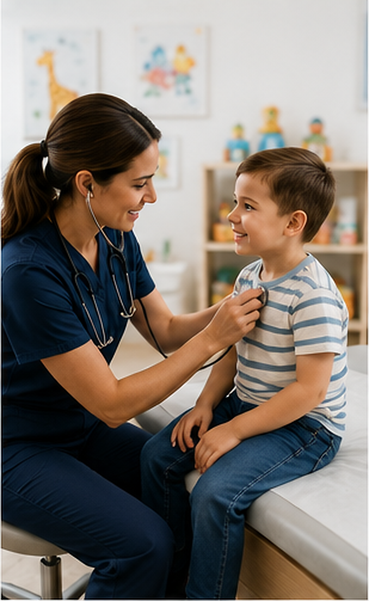 A healthcare professional, wearing navy scrubs and a stethoscope, gently exams a young boy with an open-mouthed smile in a medical clinic.