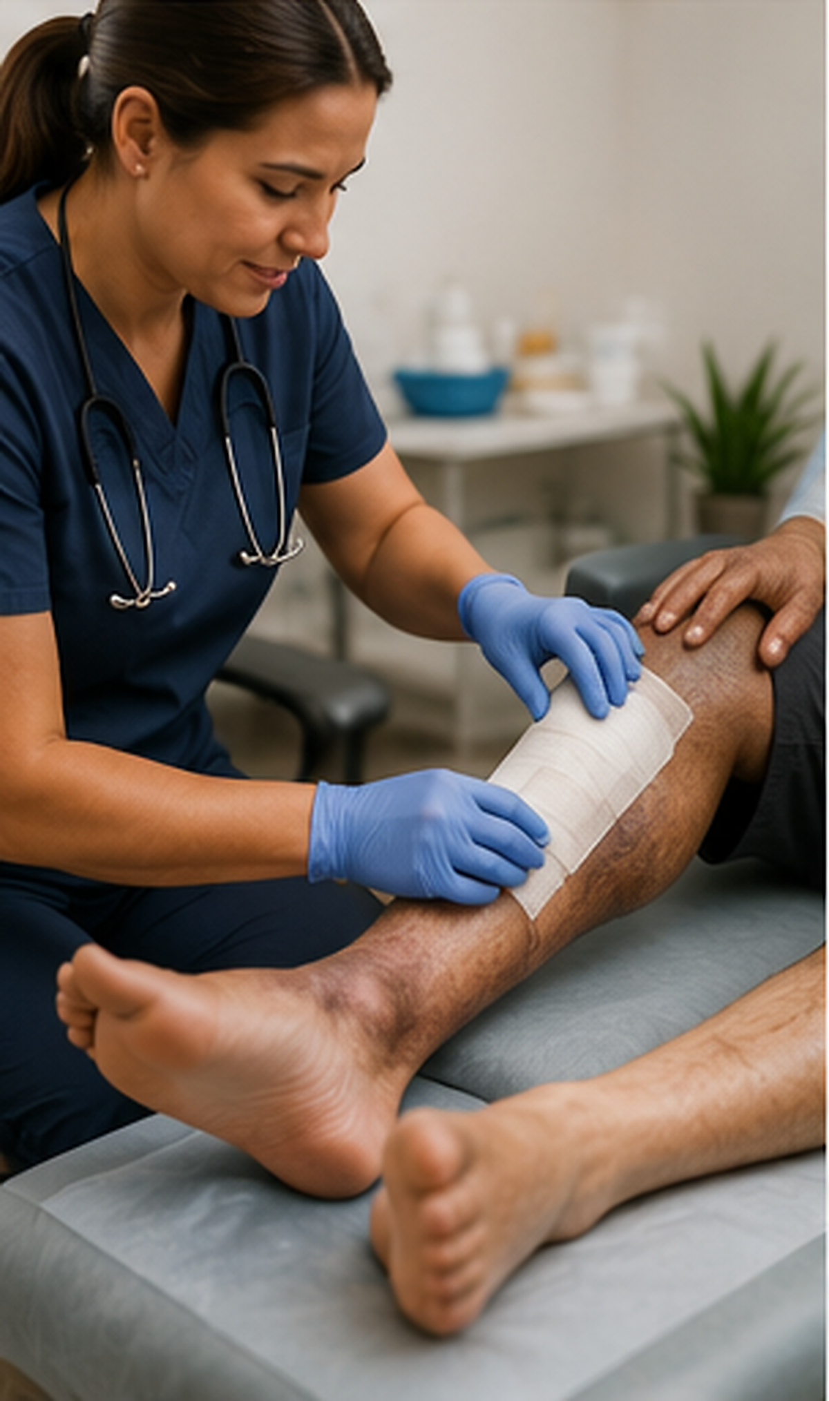 A healthcare worker, dressed in navy scrubs and blue gloves, tending to a patient's leg with a bandage in a clinical setting.