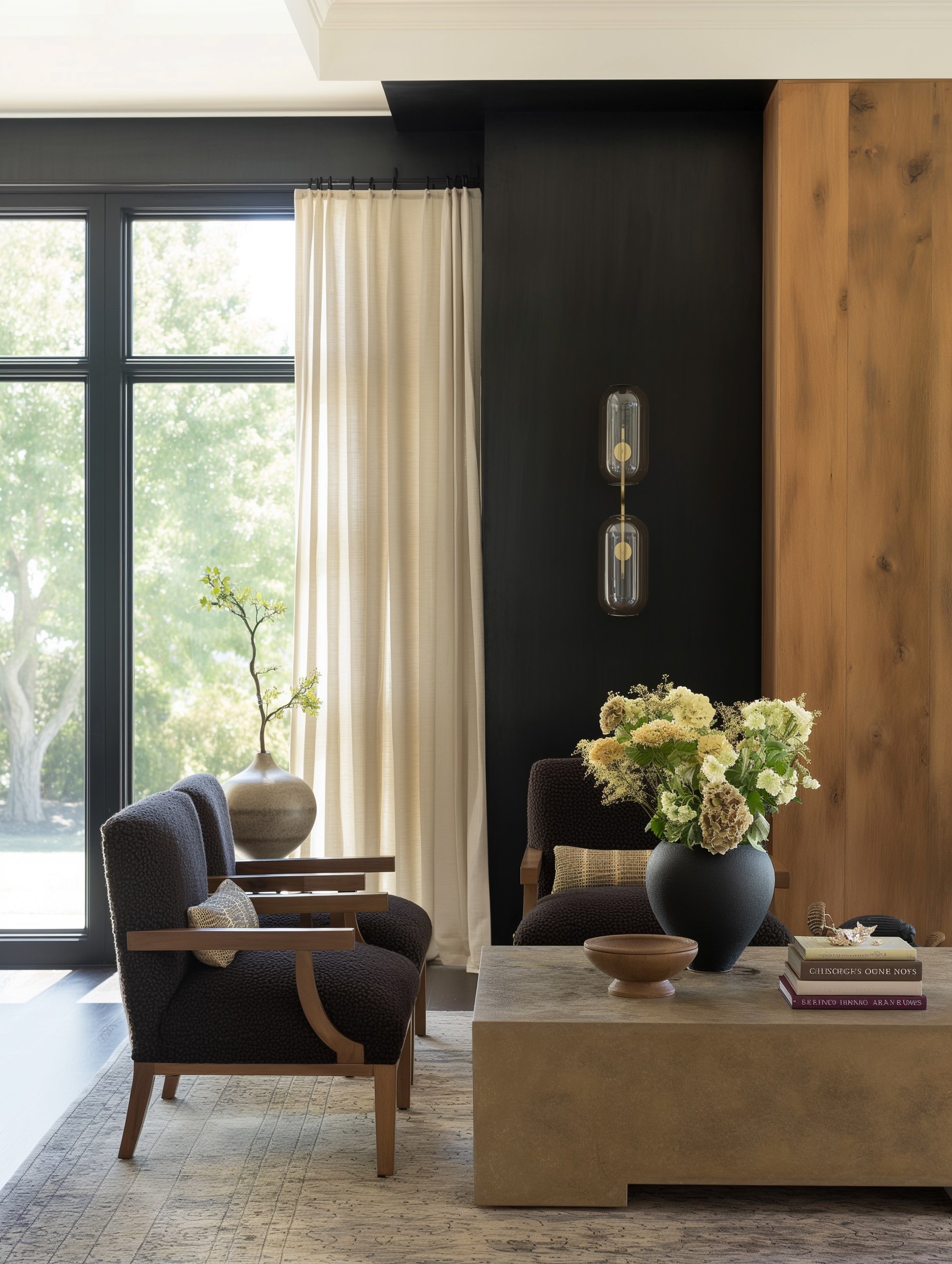 Layered living room with sculptural furnishings, rich contrast and warm natural materials, reflecting Riley Baker Interiors’ relaxed, sophisticated approach to furnishing and interior design.