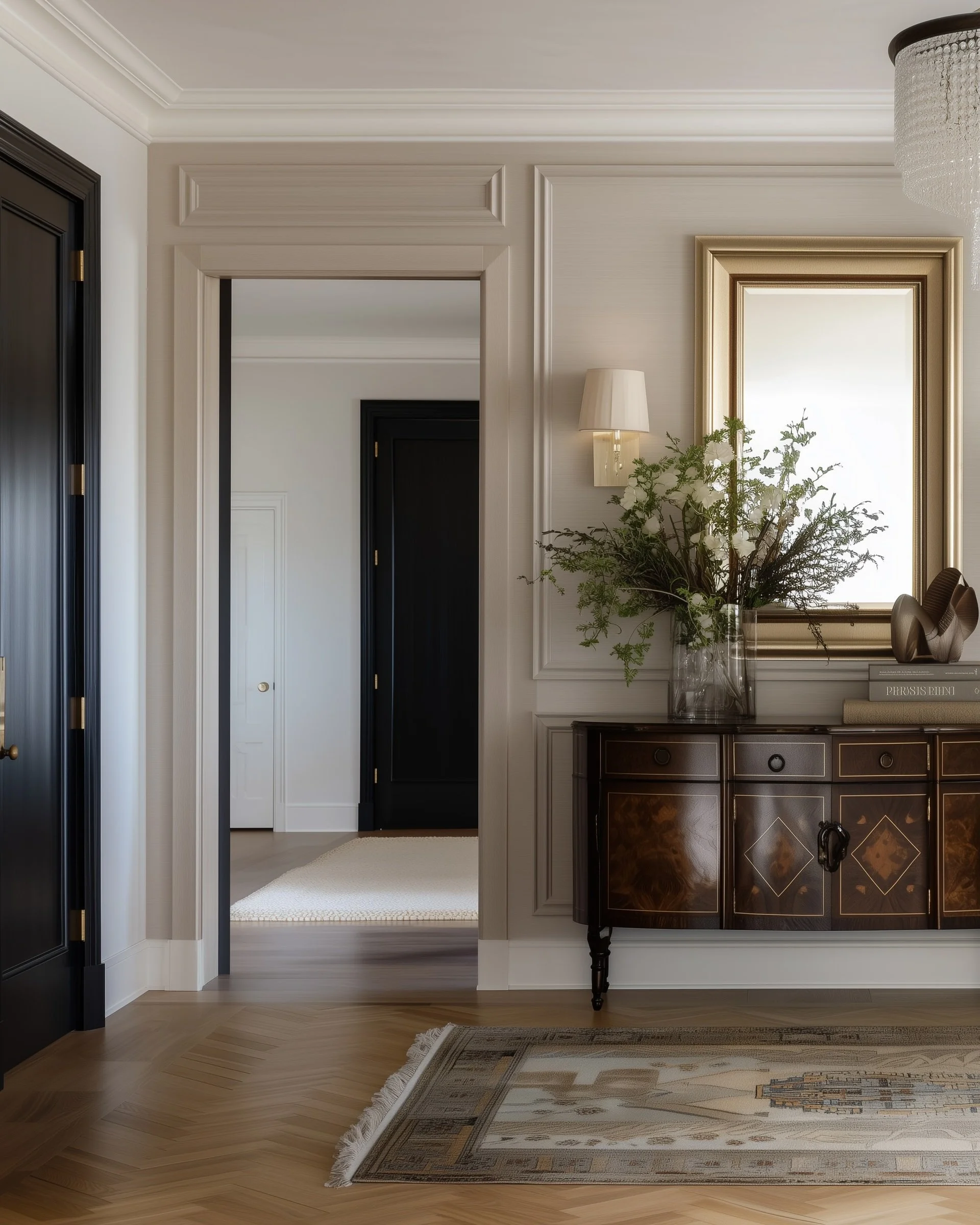 Elegant foyer, timeless, layered entryway featuring an antique wood chest, tailored millwork, brass accents and collected decor, reflecting Riley Baker Interiors’ approach to interior design, furnishing and styling in Charleston, SC.
