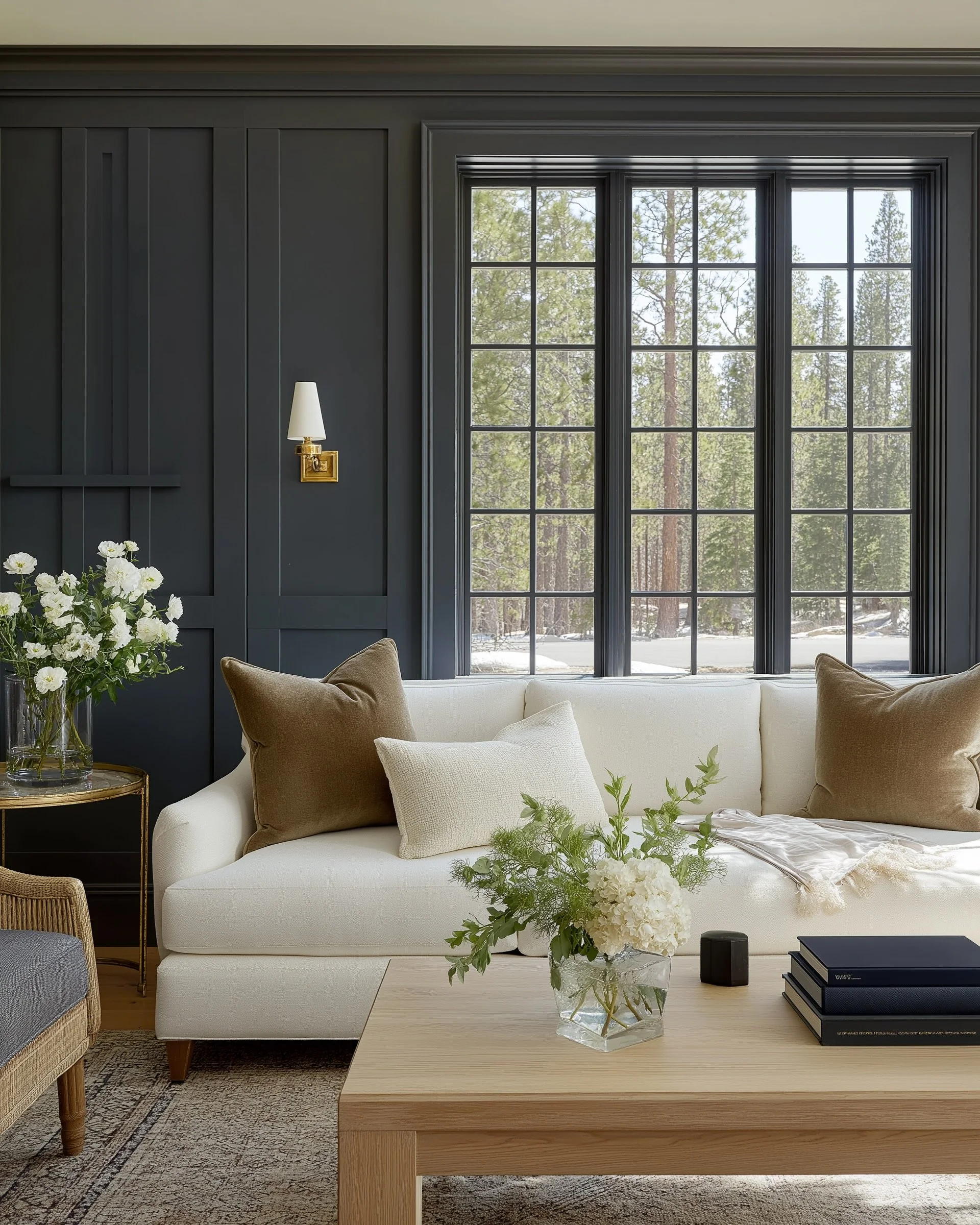 Timeless, layered living room with a warm neutral palette, tailored white sofa, natural wood, rich dark walls with millwork and collected details, reflecting Riley Baker Interiors’ refined furnishing and styling approach.