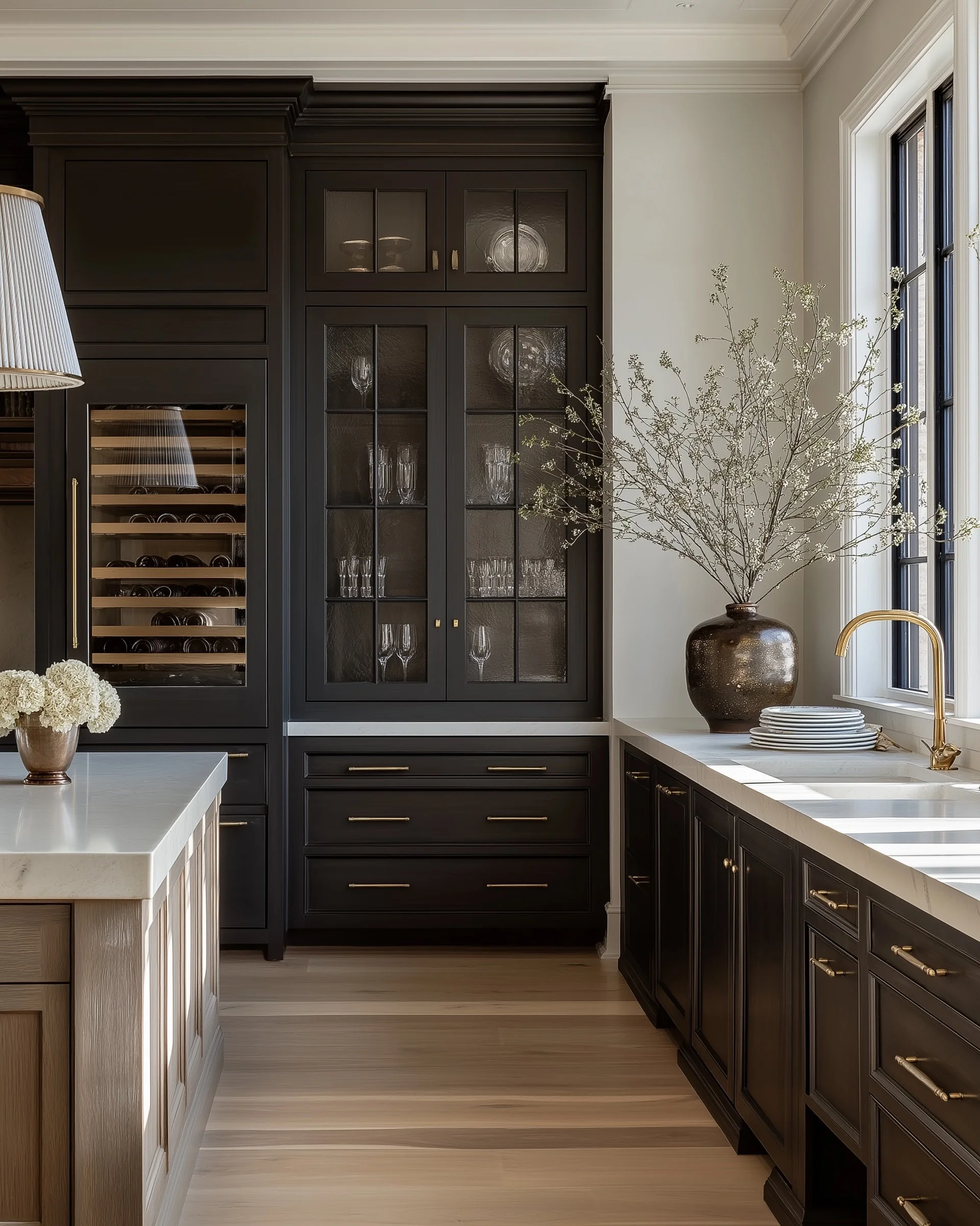 Sophisticated kitchen with rich cabinetry, warm wood, brass details and layered natural finishes, representing Riley Baker Interiors’ full-service interior design approach in Charleston, SC.