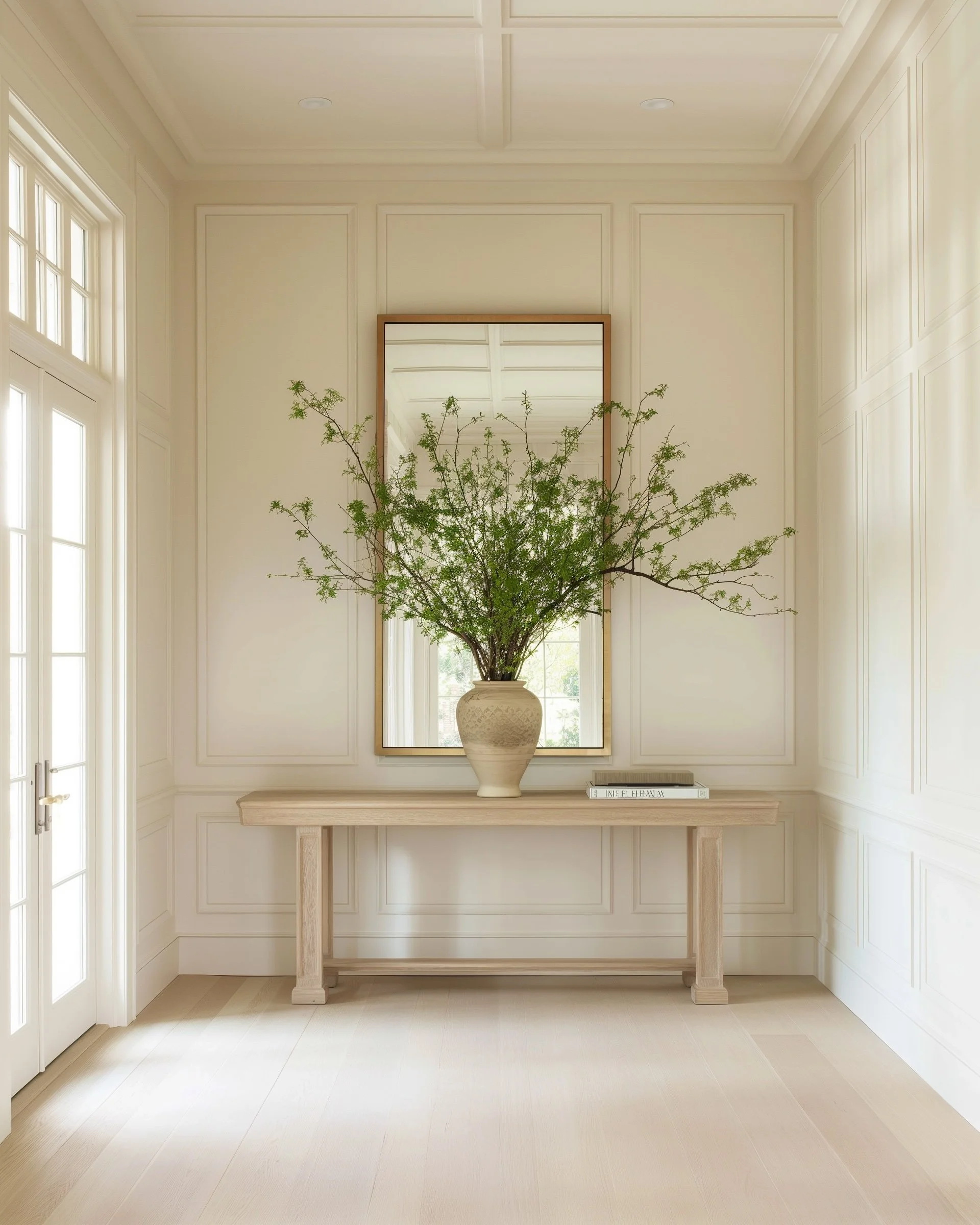 Light-filled, timeless entryway with warm wood, classic millwork and understated styling, reflecting Riley Baker Interiors’ elevated yet welcoming approach to Charleston interior design.