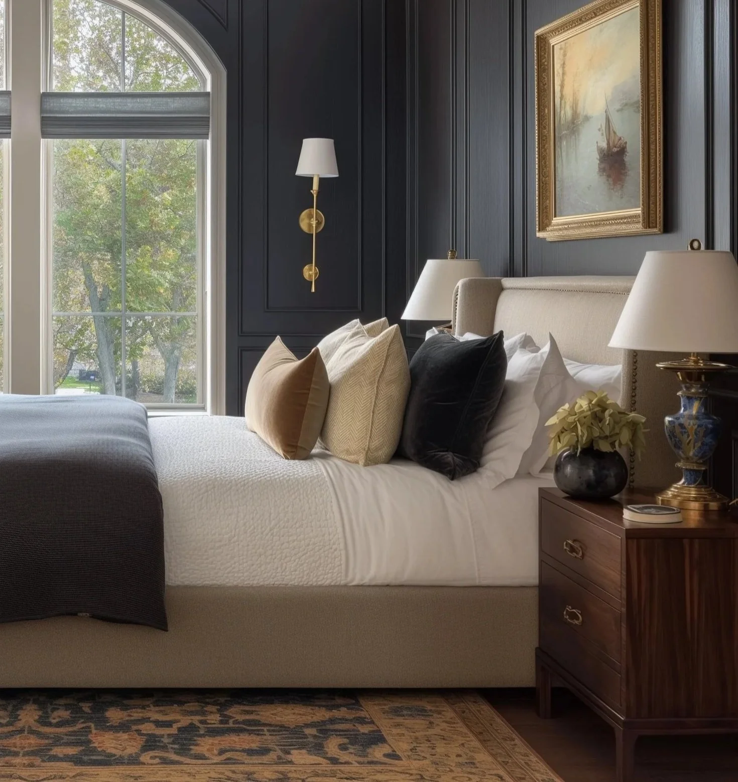 Timeless, layered bedroom with rich architectural details, tailored bedding, warm neutrals and collected accents, reflecting Riley Baker Interiors’ furnishing and styling approach in Charleston, SC.