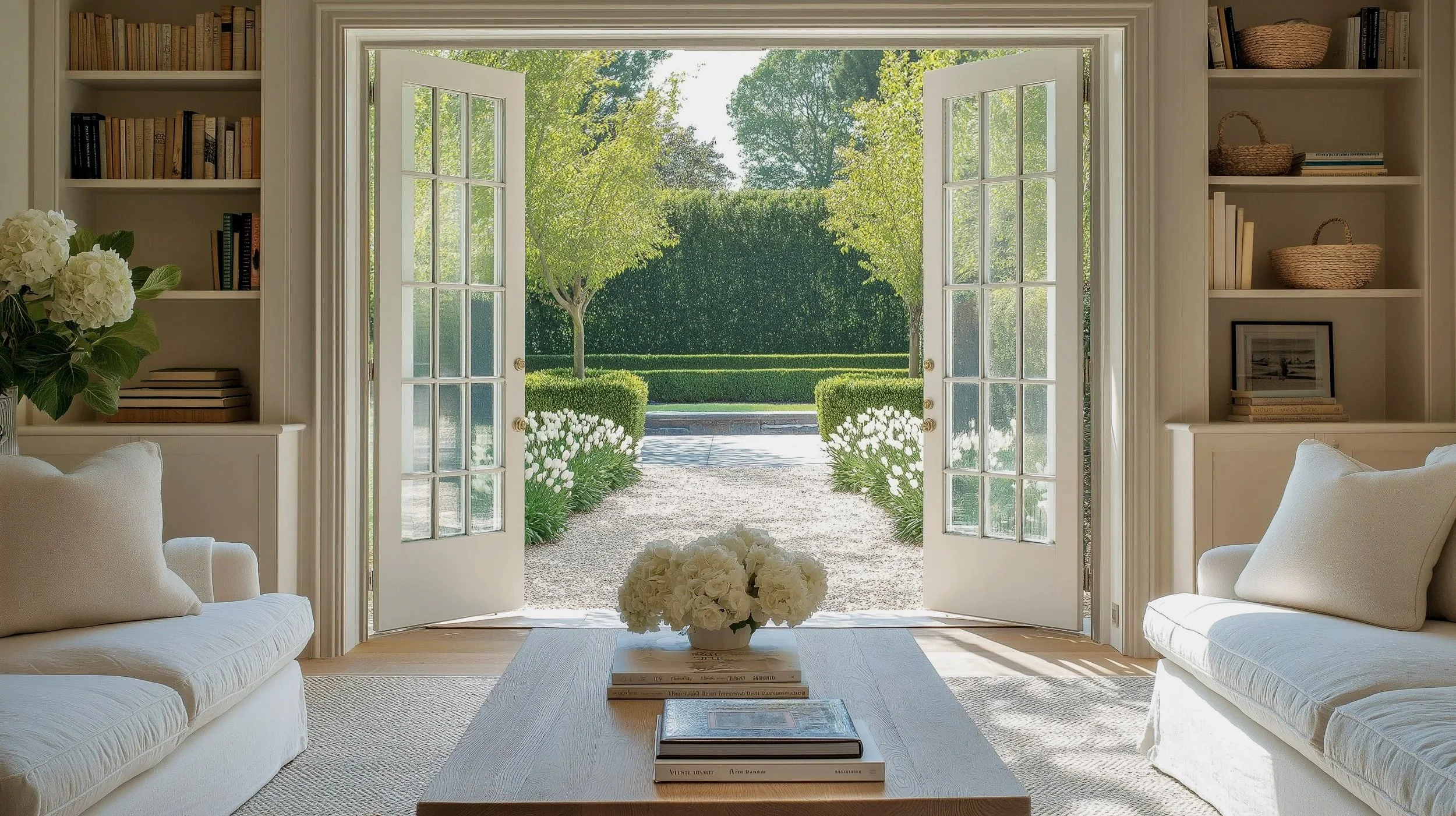 Sunroom bright sitting room with built-in bookshelves, relaxed linen upholstery and garden views, blending historic Southern charm with comfortable, layered interior design.
