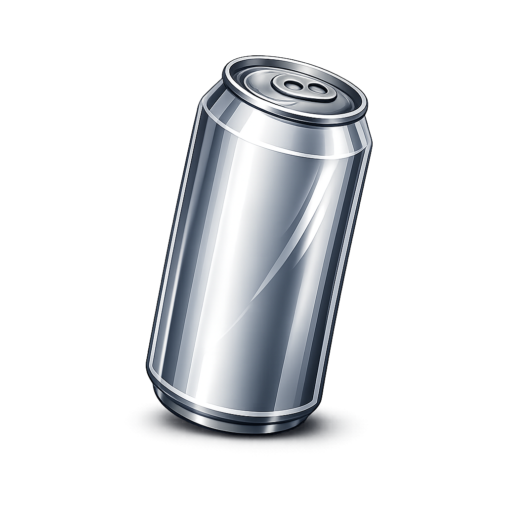 A silver aluminum 16oz can tilted against a gray surface.