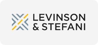 Levinson & Stefani logo with geometric design in gray, yellow, and blue colors.
