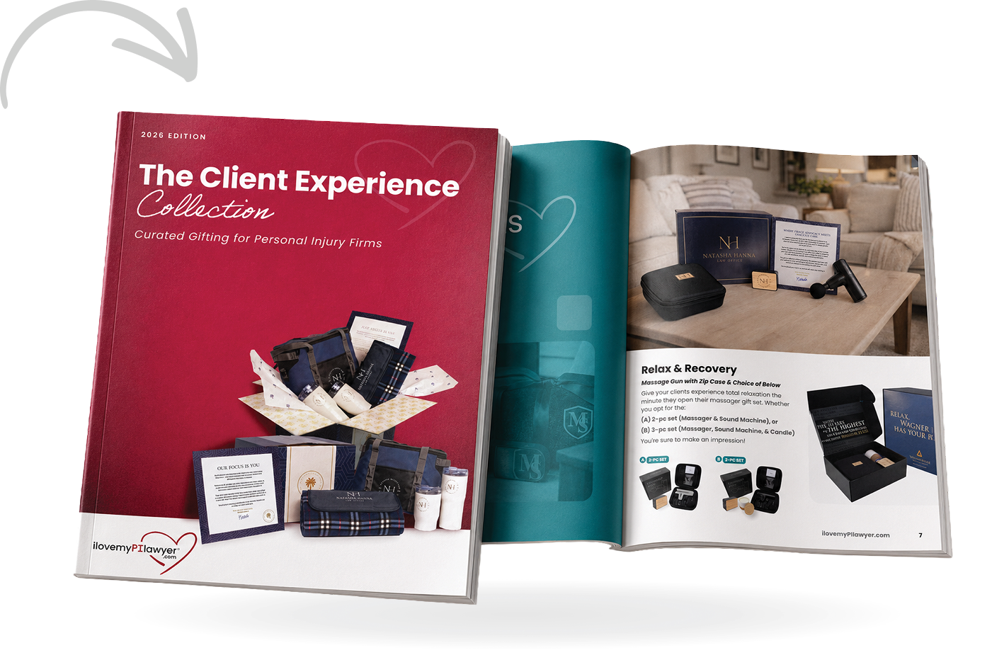 Open magazine titled 'The Client Experience Collection' displaying gift items for personal injury firms, including gift boxes, certificates, and relaxation products.