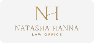 Logo for Natasha Hanna Law Office with gold lettering on a white background.