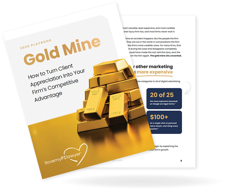 Cover of a playbook titled 'Gold Mine: How to Turn Client Appreciation Into Your Firm's Competitive Advantage' with a visual of gold bars stacked on a reflective surface.