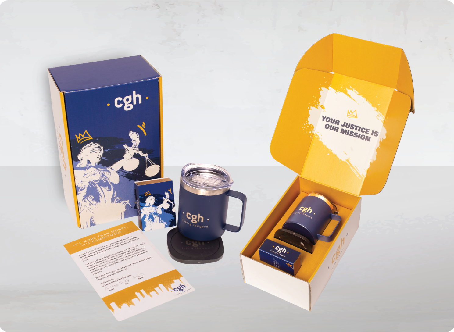 Legal-themed promotional items including a branded mug, a small box, and a letter printed with the CGH logo, along with a box with the message 'Your justice is our mission.' A flyer discusses the importance of money and commitment.
