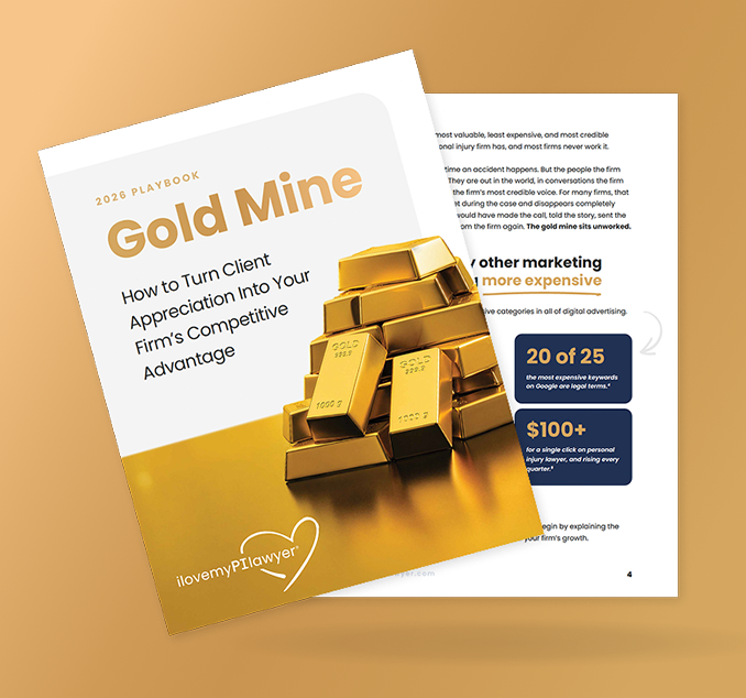 A printed 2026 playbook titled 'Gold Mine' featuring a cover image of stacked gold bars and text about turning client appreciation into competitive advantage, with additional pages partially visible underneath.