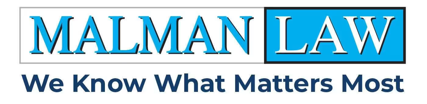 Logo for Malman Law featuring large blue text and a tagline 'We Know What Matters Most' underneath.