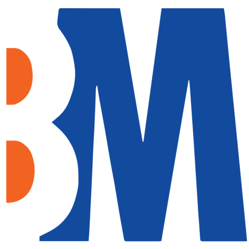 Close-up of part of a large logo with blue and orange lettering on a white background.