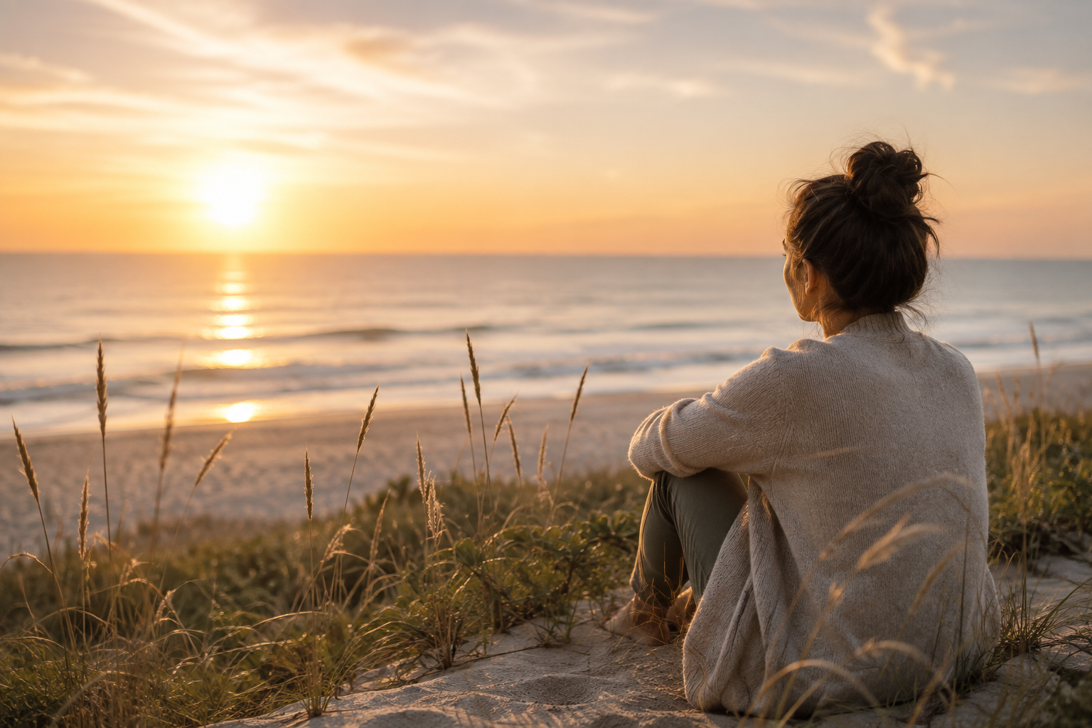 Woman sitting peacefully on the beach overlooking the ocean at sunset.
