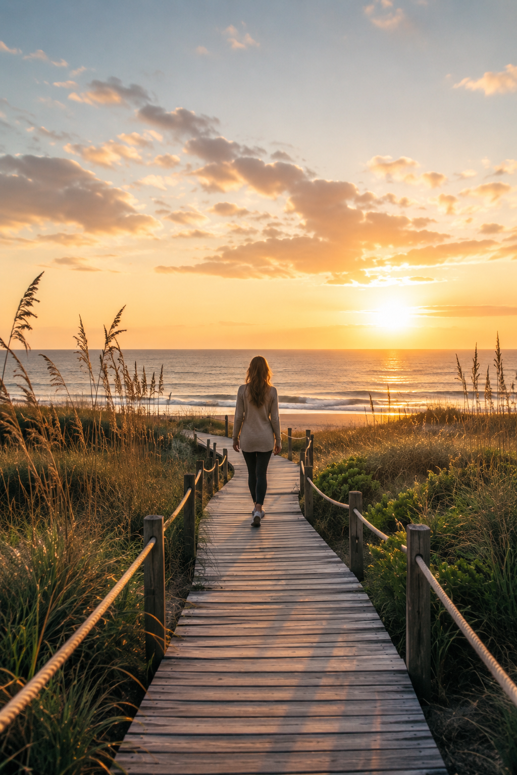 Woman walking a coastal path toward the beach at sunset, symbolizing hope and a new beginning.