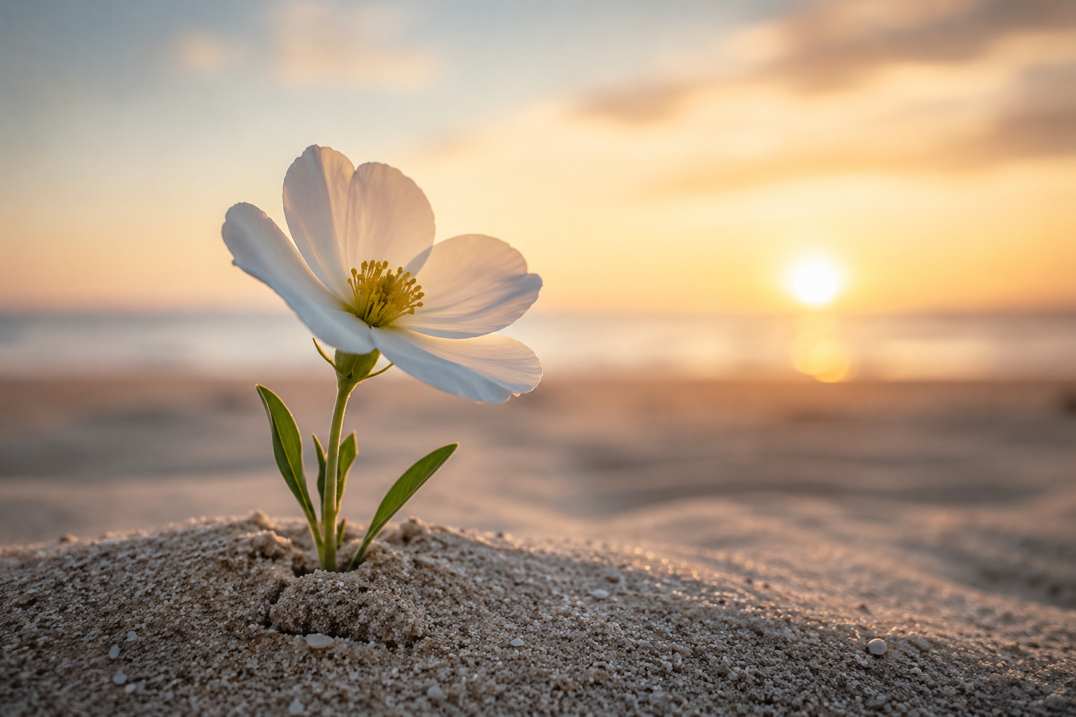White coastal flower growing in the sand at sunset along the North Carolina coast.