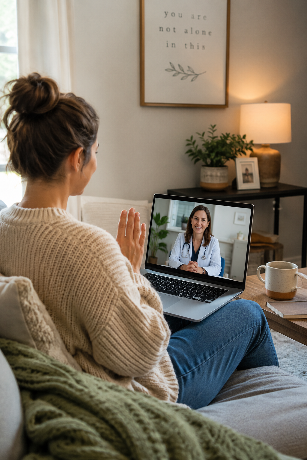 Patient attending a secure telehealth appointment for behavioral health and addiction medicine care from home.