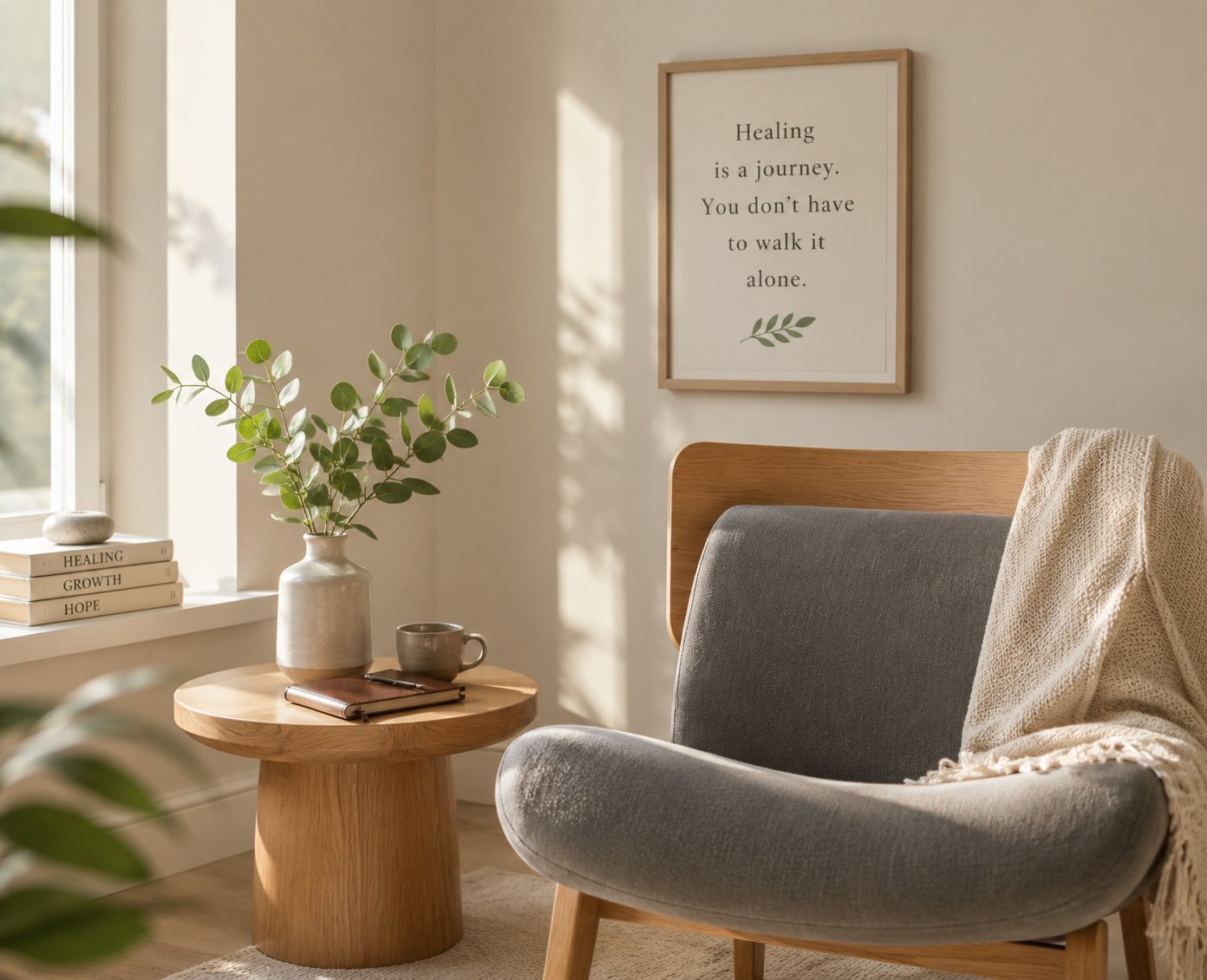 Cozy, peaceful space with books focused on healing, growth, and hope.