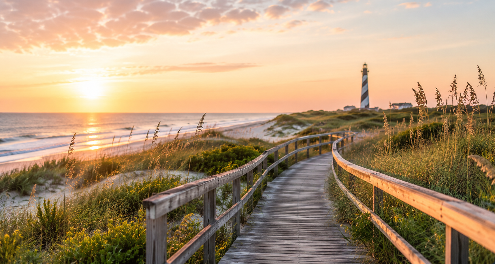 Wooden boardwalk through coastal dunes leading toward a lighthouse at sunset in North Carolina.