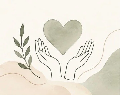 Illustration of two hands holding a heart, with a plant branch and flowing lines in a soft, neutral color palette.